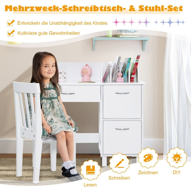 Kinderschreibtisch und Stuhlset, Lerntisch mit Schublade und Stauraum, Weiß