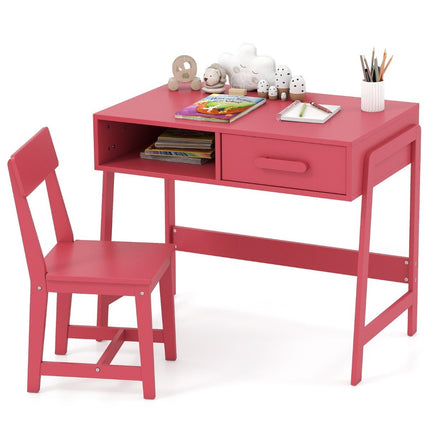 Kinder-Schreibtisch- und Stuhl-Set mit Schublade, Pinkes Holz