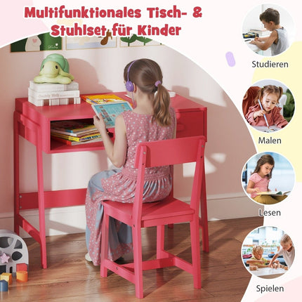 Kinder-Schreibtisch- und Stuhl-Set mit Schublade, Pinkes Holz