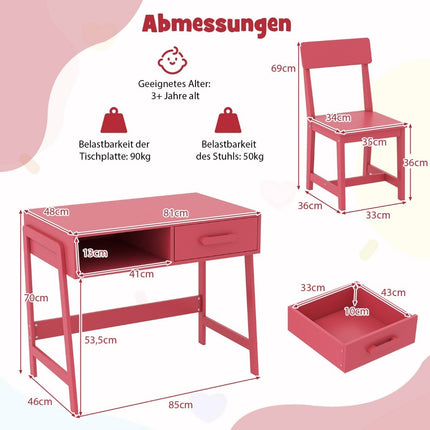 Kinder-Schreibtisch- und Stuhl-Set mit Schublade, Pinkes Holz