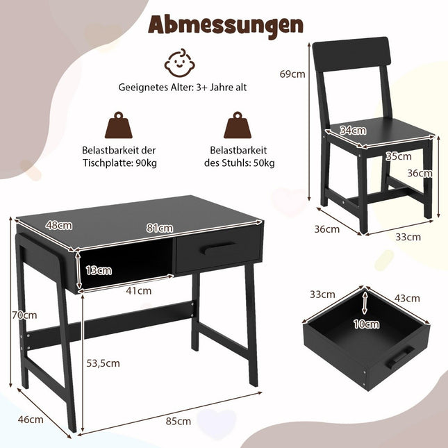 Kinder Schreibtisch- und Stuhl-Set mit Stauraum, Schwarz