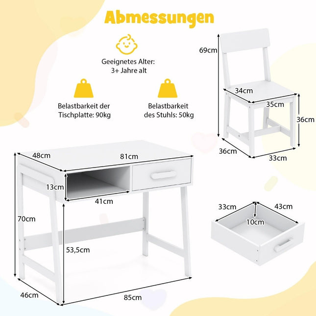 Kinderschreibtisch und Stuhl-Set mit Stauraum, Weiß