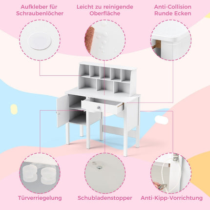 Kinderschreibtisch mit Stuhl, Aufbewahrung und Sicherheitsmerkmalen