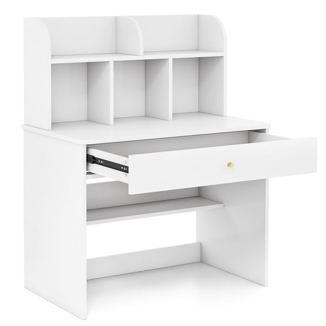 Children's Desk with Drawer & Storage, White Wood