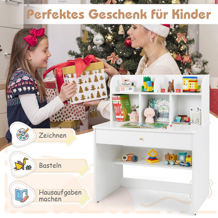 Kinderschreibtisch mit Schublade & Stauraum, Weißholz