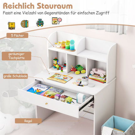 Kinderschreibtisch mit Schublade & Stauraum, Weißholz
