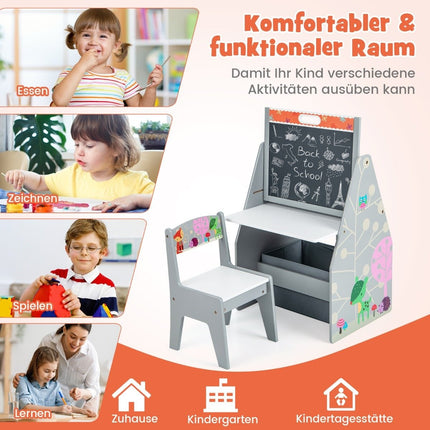 Doppelseitiger Kinderschreibtisch und Stuhl-Set mit Staffelei