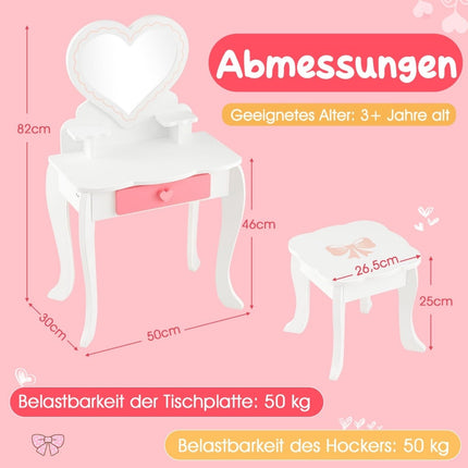 Kinder-Schminktisch-Set mit ♡ herzförmigem Spiegel &amp; Hocker &amp; Schublade &amp; Zubehör