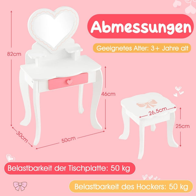 Kinder-Schminktisch-Set mit ♡ herzförmigem Spiegel &amp; Hocker &amp; Schublade &amp; Zubehör