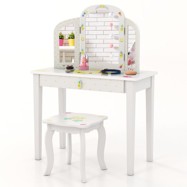 Kinder-Schminktisch und Stuhl-Set, Kinder-Schminktisch mit dreifach klappbarem Spiegel, Weiß