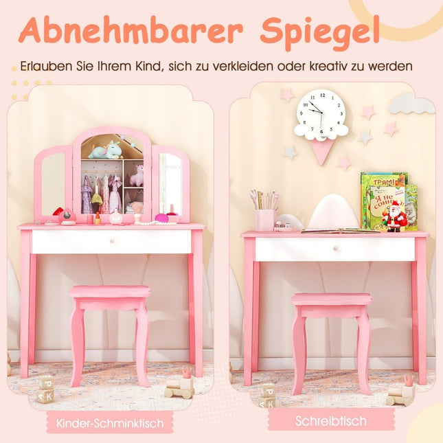 Kinder Schminktisch und Stuhl Set, Frisiertisch Set mit Klappspiegel &amp; Schublade Rosa + Weiß