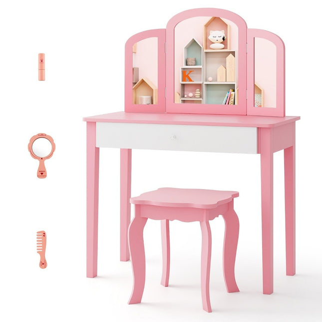 Kinder Schminktisch und Stuhl Set, Frisiertisch Set mit Klappspiegel &amp; Schublade Rosa + Weiß