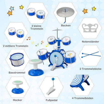 Children's Drum Set with Stool, Stand & Pedal - Blue