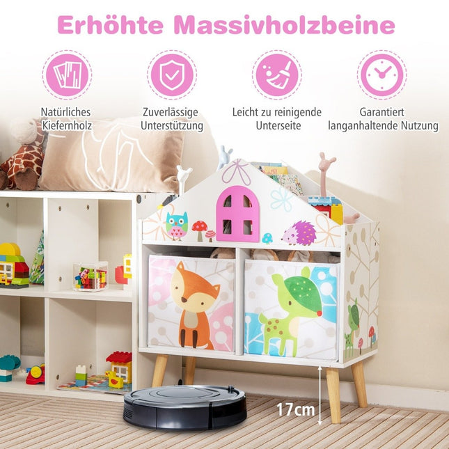 Bücherregal in Form eines Kinderhauses, Puppenhaus-Bücherregal aus Holz mit 2 Aufbewahrungsboxen, bunt, 62 x 30 x 72 cm
