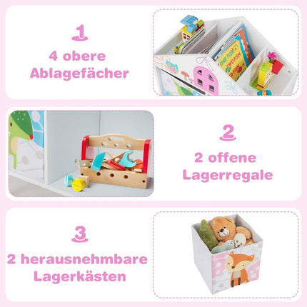 Bibliothèque en bois en forme de maison pour enfants avec 2 boîtes de rangement colorées 62 x 30 x 72 cm