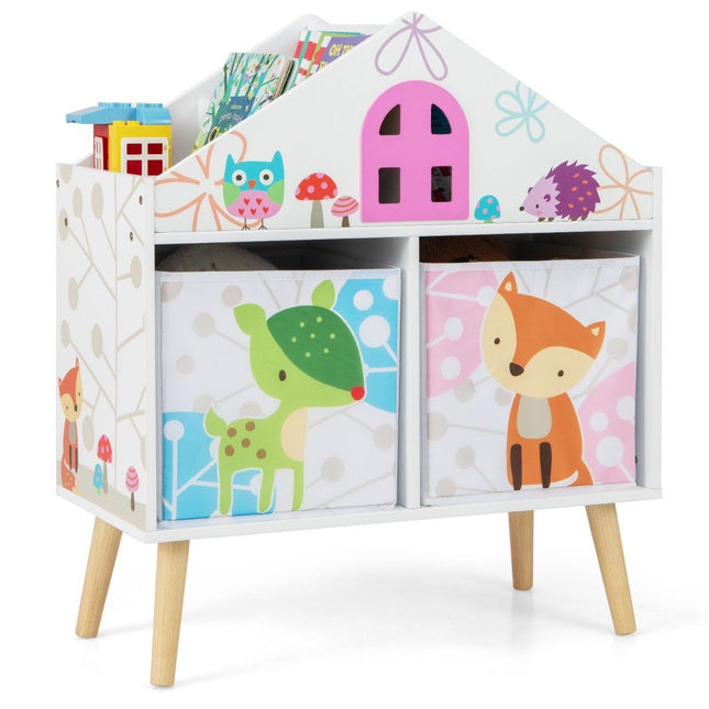 Bücherregal in Form eines Kinderhauses, Puppenhaus-Bücherregal aus Holz mit 2 Aufbewahrungsboxen, bunt, 62 x 30 x 72 cm