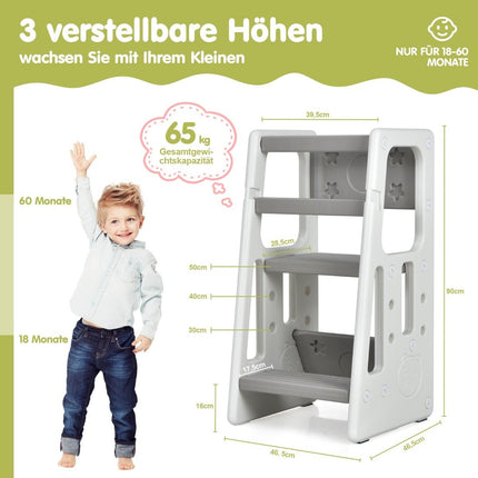Kinderkeukenkruk met dubbele veiligheidsleuningen, 3 verstelbare hoogtes en antislipvoetjes, grijs