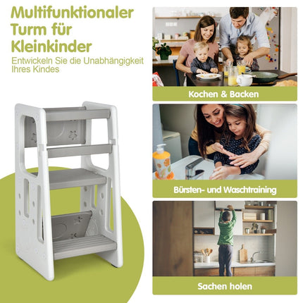 Kinderkeukenkruk met dubbele veiligheidsleuningen, 3 verstelbare hoogtes en antislipvoetjes, grijs