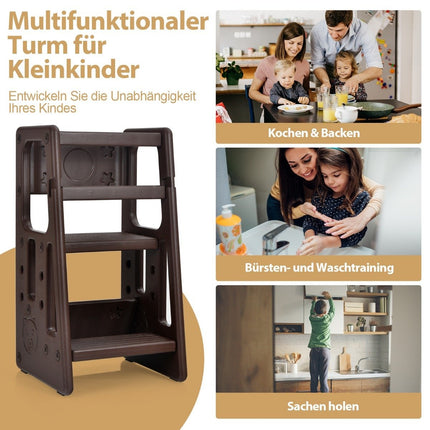 Kinderküchenhocker mit doppeltem Sicherheitshandlauf, Kleinkinderhocker, 46,5 x 46,5 x 90 cm, Braun