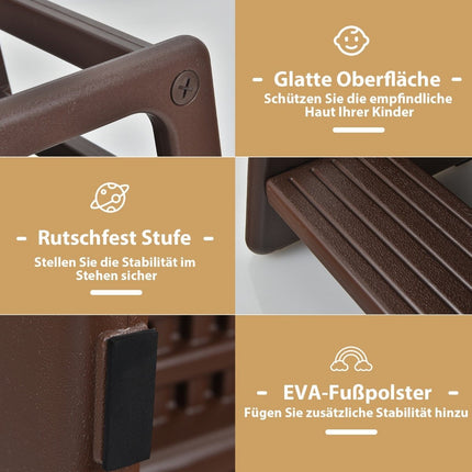 Kinderküchenhocker mit doppeltem Sicherheitshandlauf, Kleinkinderhocker, 46,5 x 46,5 x 90 cm, Braun