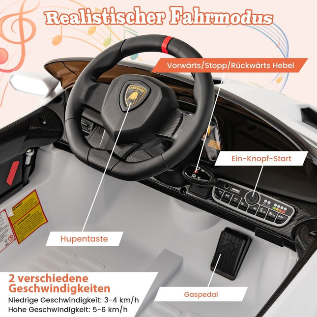 Kinder Lamborghini Elektroauto mit Fernbedienung &amp; LED-Scheinwerfern &amp; Hupe &amp; Musik weiß