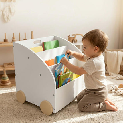Children's Mobile Bookcase, 3 Shelves, White/Natural