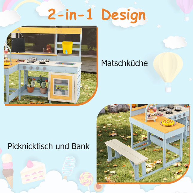 Kinder-Spielküche für draußen mit Picknicktisch und Spüle
