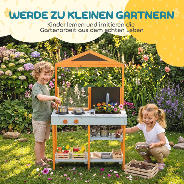 Kinder-Garten-Holzspielküche mit Spüle und Regalen