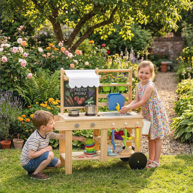 Spielküche aus Holz für Draußen mit Wasserhahn für Kinder