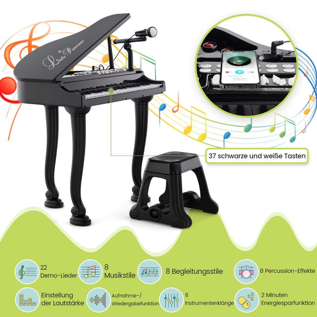 Kinderklavier mit 37 Tasten &amp; Hocker, Spielzeugklavier, tragbar, 47 x 37 x 70 cm, Schwarz