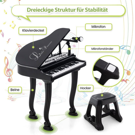 Kinderklavier mit 37 Tasten &amp; Hocker, Spielzeugklavier, tragbar, 47 x 37 x 70 cm, Schwarz