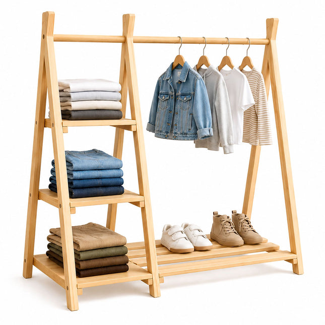 Children's Pine Clothes Rack with Shelf, Natural Finish