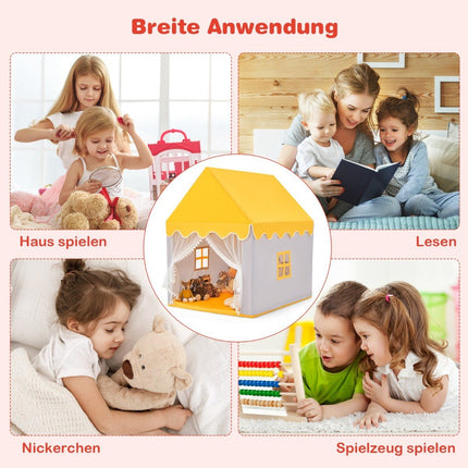 Kinderspielhaus mit Massivholzrahmen &amp; Baumwolldecke Kinderzelt Grau + Gelb