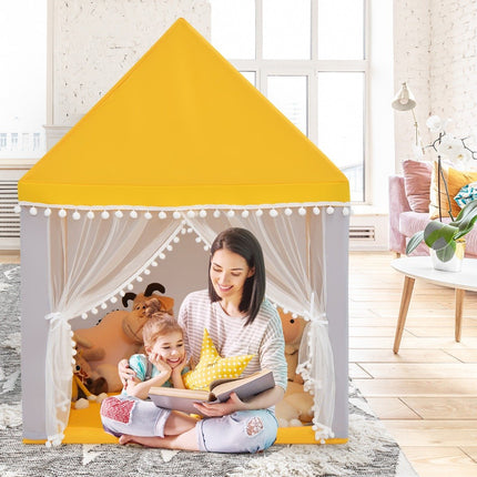 Kinderspielhaus mit Massivholzrahmen &amp; Baumwolldecke Kinderzelt Gelb + Grau