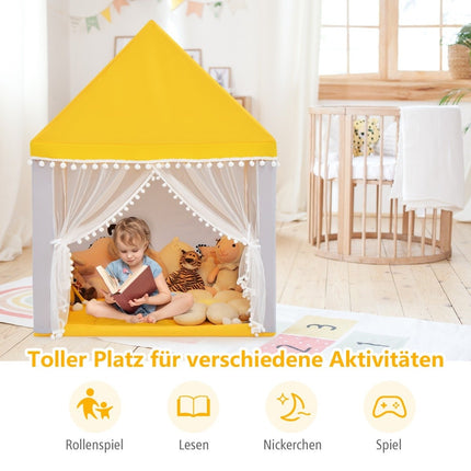 Kinderspielhaus mit Massivholzrahmen &amp; Baumwolldecke Kinderzelt Gelb + Grau