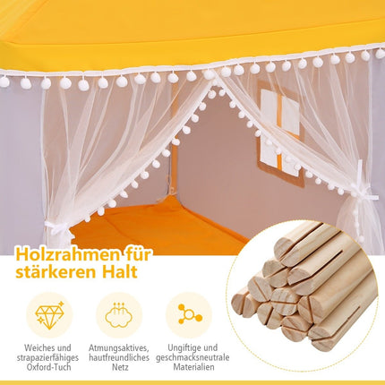 Kinderspielhaus mit Massivholzrahmen &amp; Baumwolldecke Kinderzelt Gelb + Grau