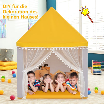 Kinderspielhaus mit Massivholzrahmen &amp; Baumwolldecke Kinderzelt Gelb + Grau