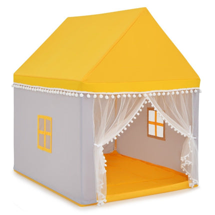 Kinderspielhaus mit Massivholzrahmen &amp; Baumwolldecke Kinderzelt Gelb + Grau