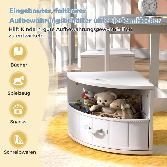 Kinder-Sitzgruppe mit rundem Tisch und 4 Hockern mit Stauraum, Grau