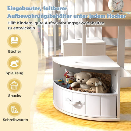 Kinder-Rundtisch-Set mit 4 Hockern mit Stauraum, Holz