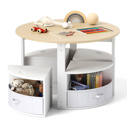 Kinder-Rundtisch-Set mit 4 Hockern mit Stauraum, Holz