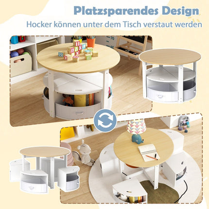 Kinder-Rundtisch-Set mit 4 Hockern mit Stauraum, Holz