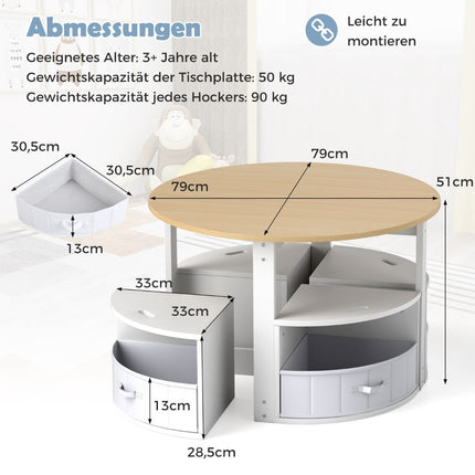 Kinder-Rundtisch-Set mit 4 Hockern mit Stauraum, Holz