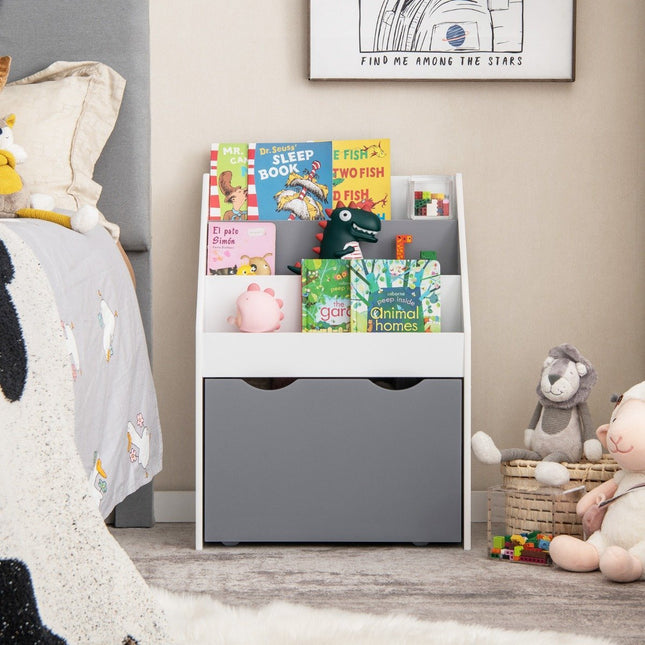 Kinderregal mit 3 Ablagen &amp; rollender Spielzeugkiste Kinderbücherregal Grau + Weiß