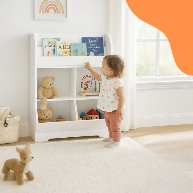 Kinderregal mit 4 Fächern und 2 Bücherablagen
