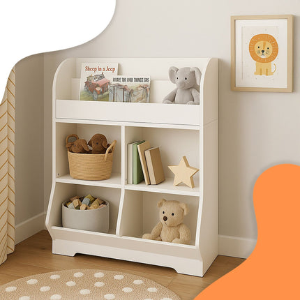 Kinderregal mit 4 Fächern und 2 Bücherablagen