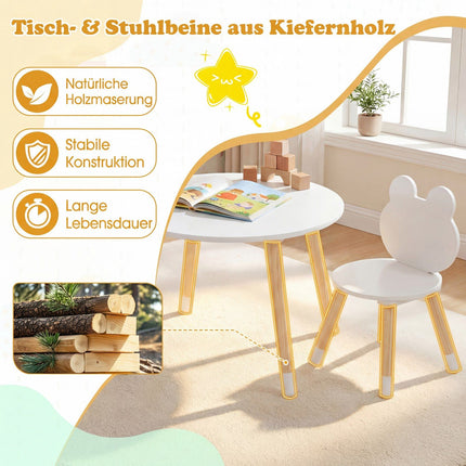 Kindertisch & 2 Stühle Set, Holzbeine, Weiß
