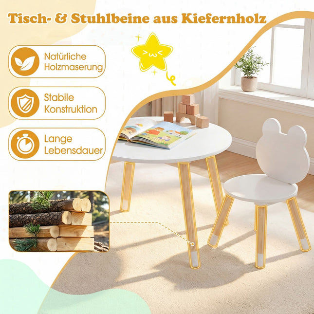 Kindertisch & 2 Stühle Set, Holzbeine, Weiß