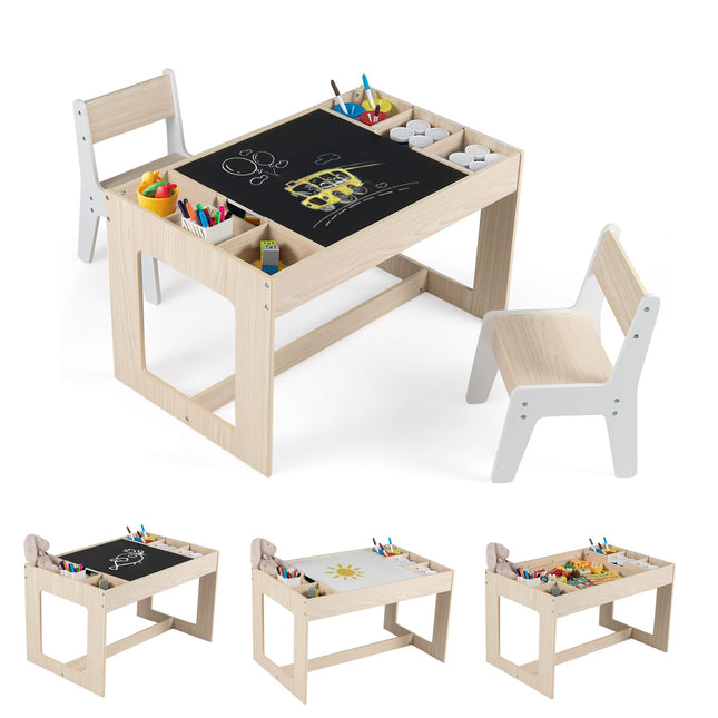 Kindertisch-Set mit 2 Stühlen, doppelseitige Tischplatte
