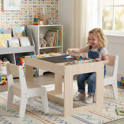 Kindertisch-Set mit 2 Stühlen, doppelseitige Tischplatte